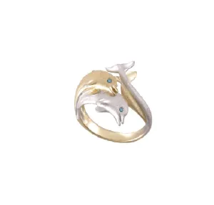 14k 2/tone 20mm "Jumping Couple" Dolphin Ring