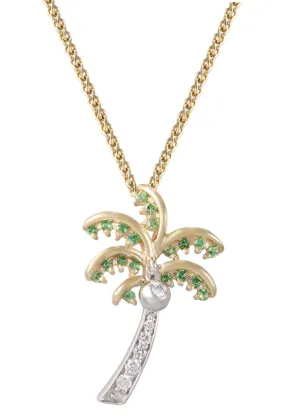 14k 2/tone 20mm Single Palm Tree Pendant with 8 Diamonds and 20 Tsavorites
