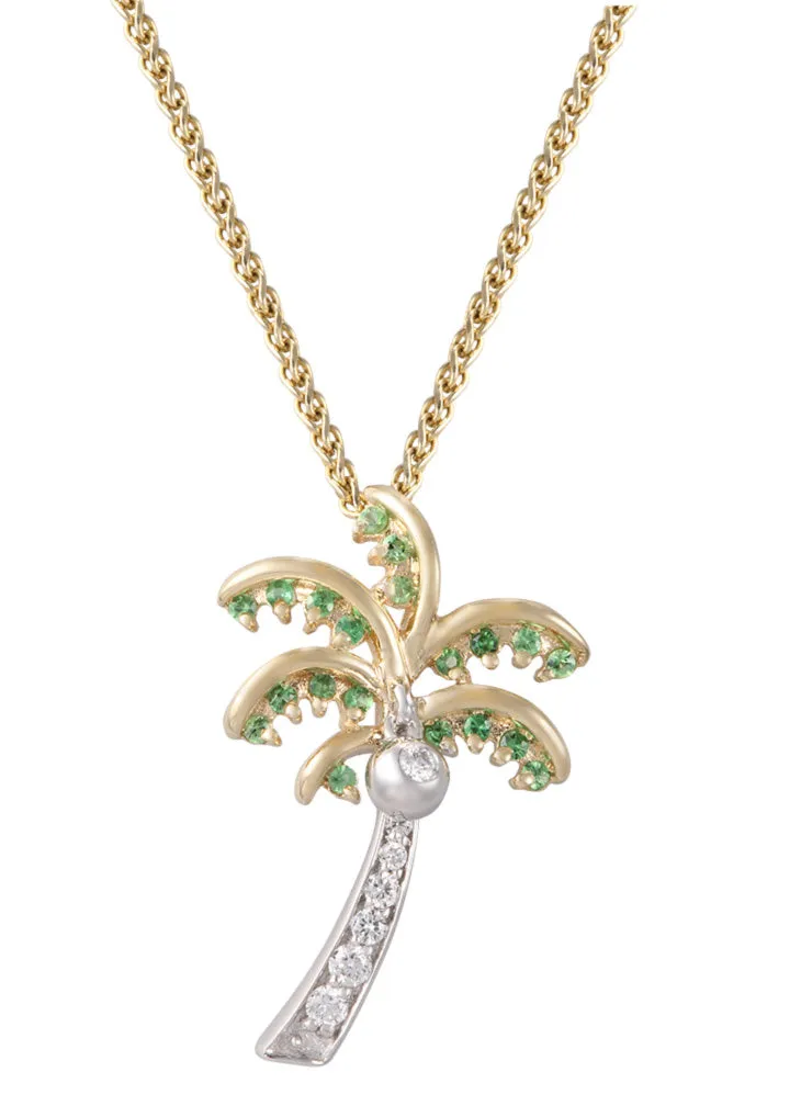 14k 2/tone 20mm Single Palm Tree Pendant with 8 Diamonds and 20 Tsavorites