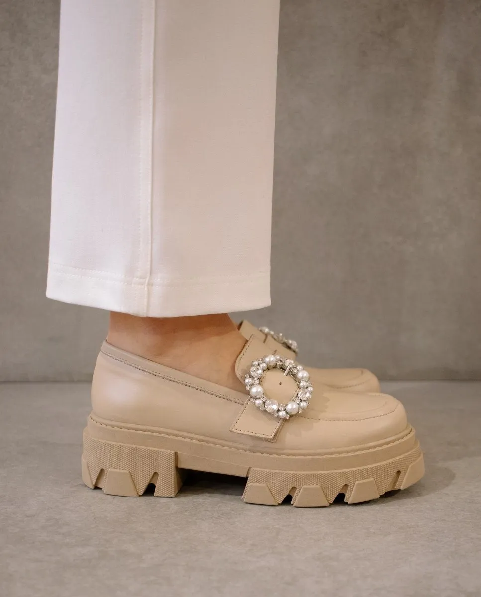 Alohas Womens Trailblazer Crystal Ivory/Beige Leather Loafers - Chic & Stylish Footwear for Effortless Elegance