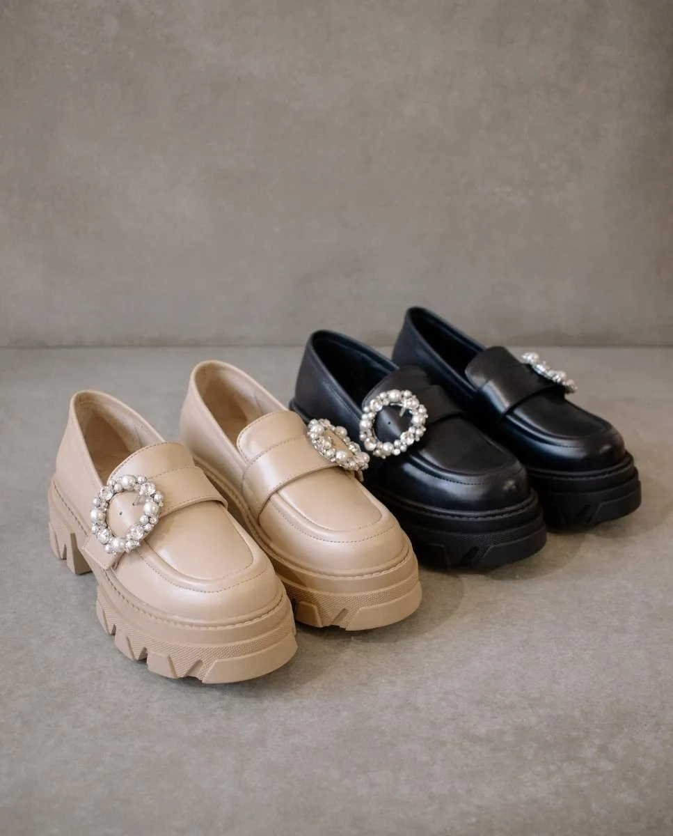Alohas Womens Trailblazer Crystal Ivory/Beige Leather Loafers - Chic & Stylish Footwear for Effortless Elegance