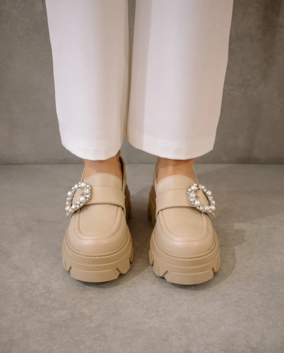Alohas Womens Trailblazer Crystal Ivory/Beige Leather Loafers - Chic & Stylish Footwear for Effortless Elegance