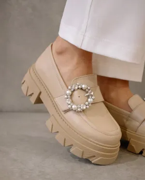 Alohas Womens Trailblazer Crystal Ivory/Beige Leather Loafers - Chic & Stylish Footwear for Effortless Elegance