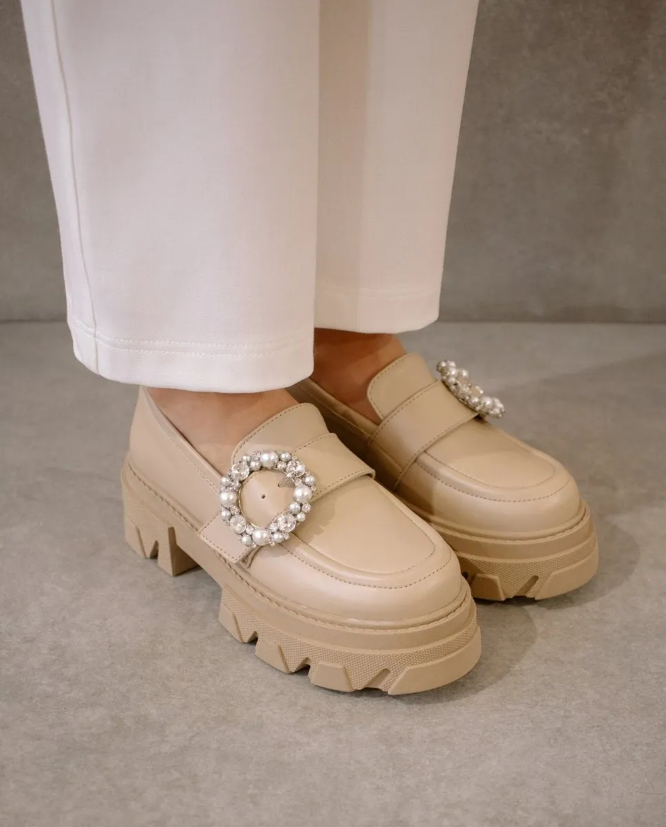 Alohas Womens Trailblazer Crystal Ivory/Beige Leather Loafers - Chic & Stylish Footwear for Effortless Elegance