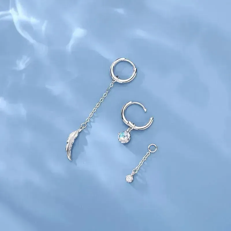 Asymmetric Silver Needle High-grade Niche and Tassel Texture Blue Moonstone Earrings