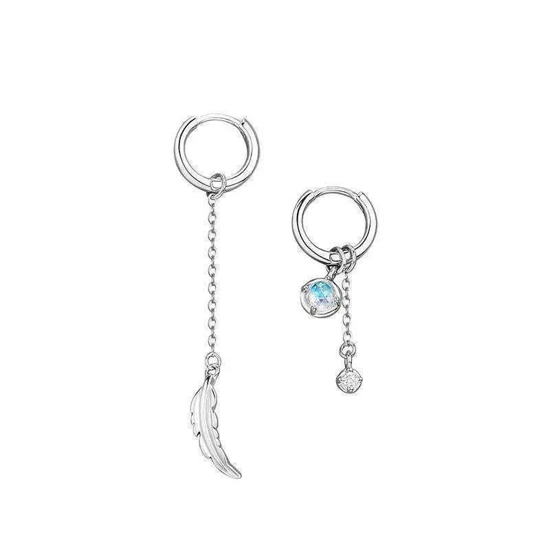 Asymmetric Silver Needle High-grade Niche and Tassel Texture Blue Moonstone Earrings