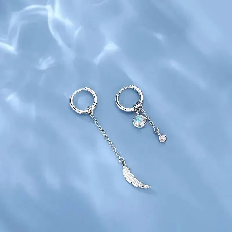 Asymmetric Silver Needle High-grade Niche and Tassel Texture Blue Moonstone Earrings