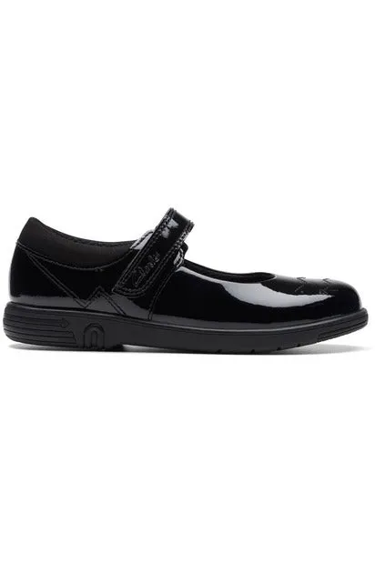 Clarks Jazzy Jig Kid black patent school shoe