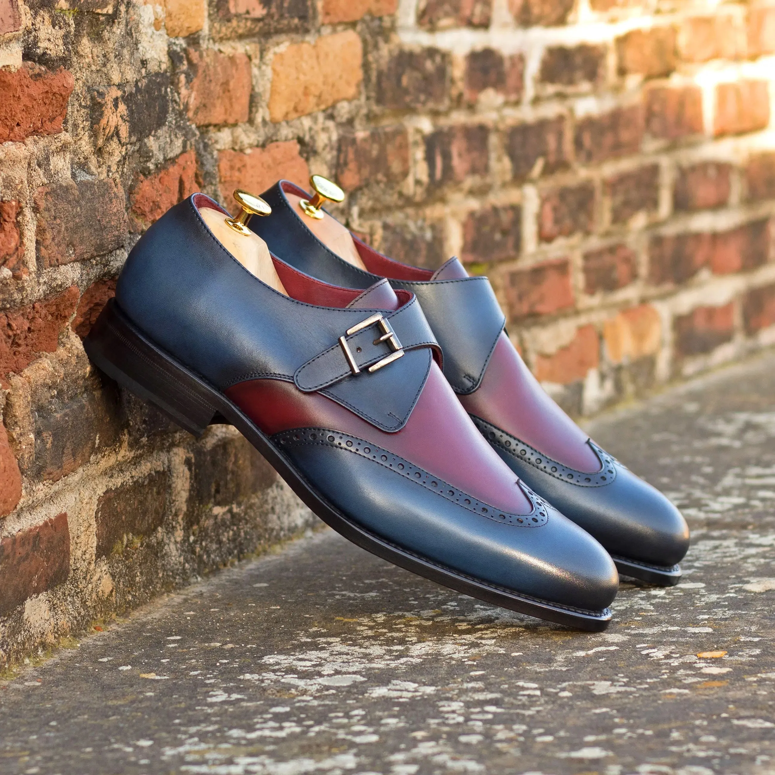 DapperFam Brenno in Navy / Burgundy Men's Italian Leather Single Monk