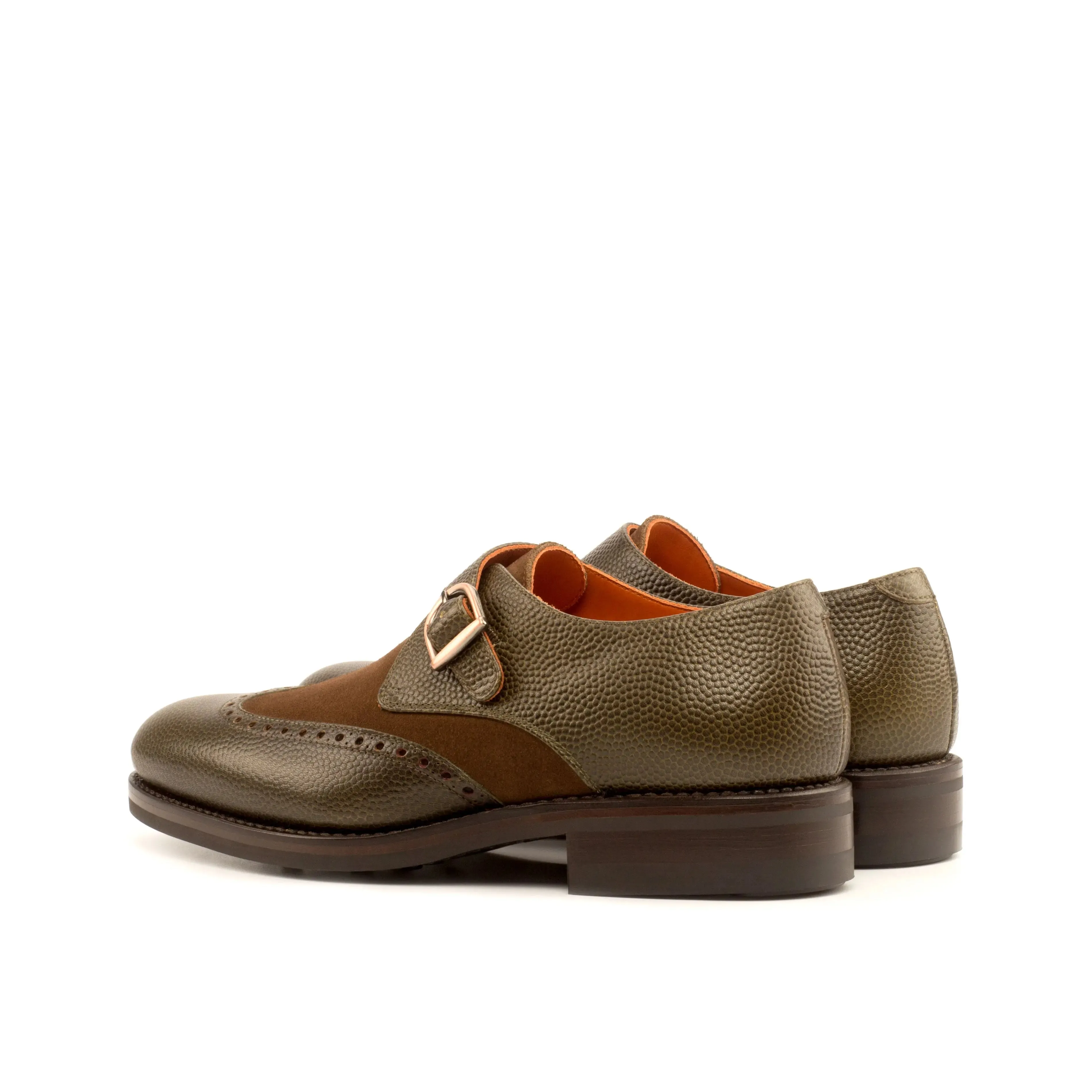 DapperFam Brenno in Olive / Med Brown Men's Lux Suede & Italian Pebble Grain Leather Single Monk
