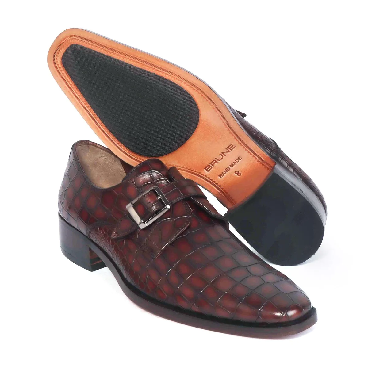 Dark Brown Deep Cut Leather Slant Toe Derby Monk Strap Shoes