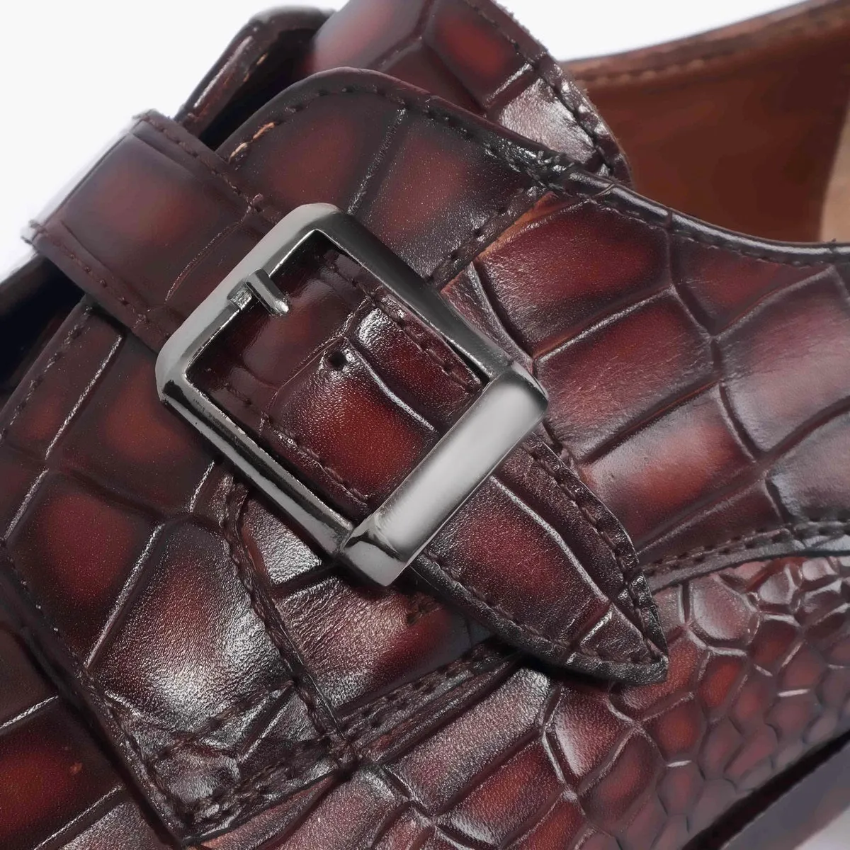 Dark Brown Deep Cut Leather Slant Toe Derby Monk Strap Shoes