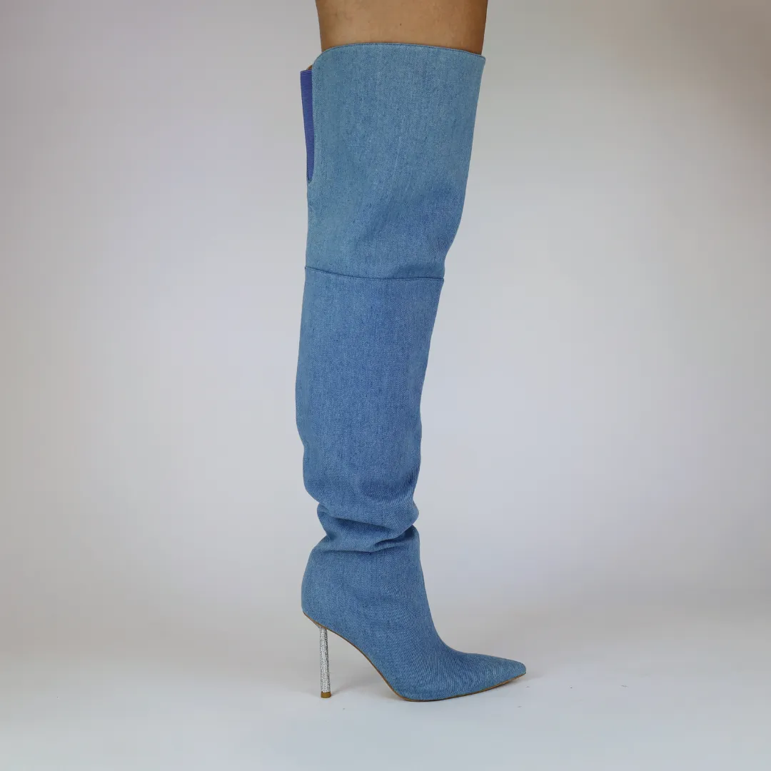 Giselle Denim Crystal Heel Boots