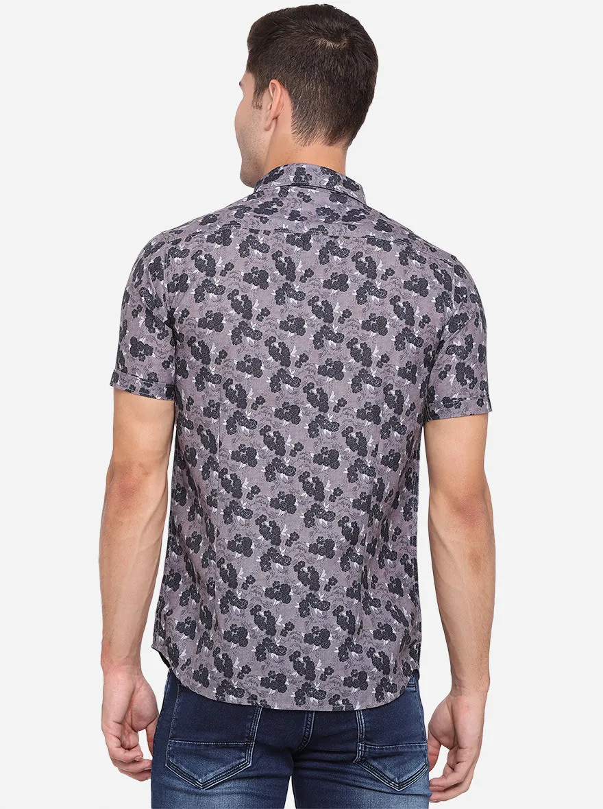 Gun Metal Printed Slim Fit Semi Casual Shirt | JadeBlue