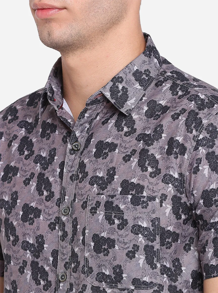 Gun Metal Printed Slim Fit Semi Casual Shirt | JadeBlue