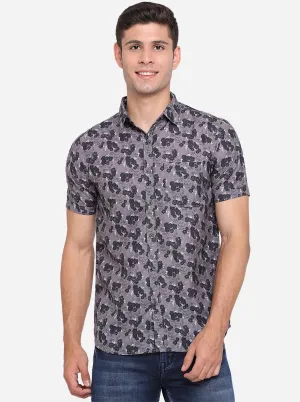 Gun Metal Printed Slim Fit Semi Casual Shirt | JadeBlue