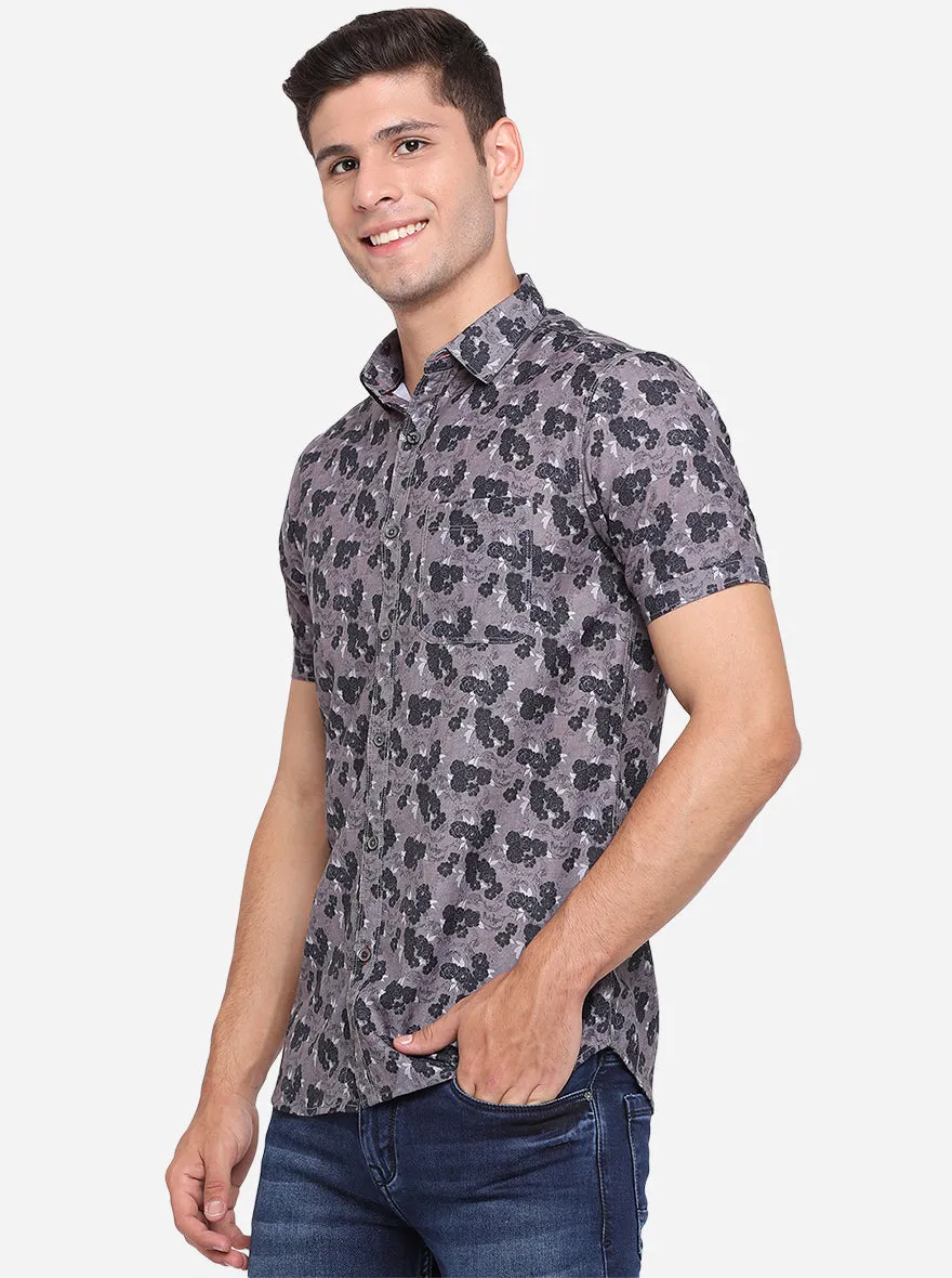 Gun Metal Printed Slim Fit Semi Casual Shirt | JadeBlue