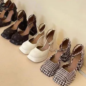 ikearlax Retro Waterproof Platform Hollow Mary Jane Shoes Female  New  Style Thick Bottom Chunky Heel Buckle High Heel Pumps