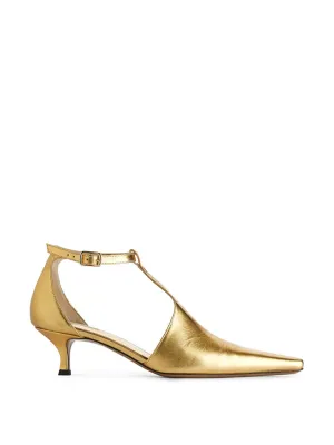 Kitten heel gold leather pumps