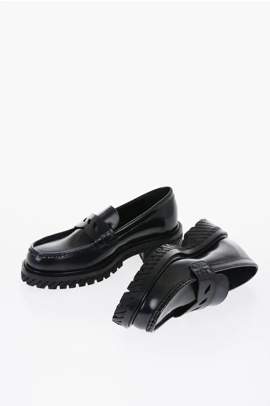 Luxury Off-White Leather Penny Loafers with Rugged Carrion Sole