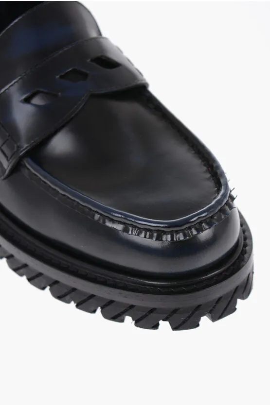 Luxury Off-White Leather Penny Loafers with Rugged Carrion Sole