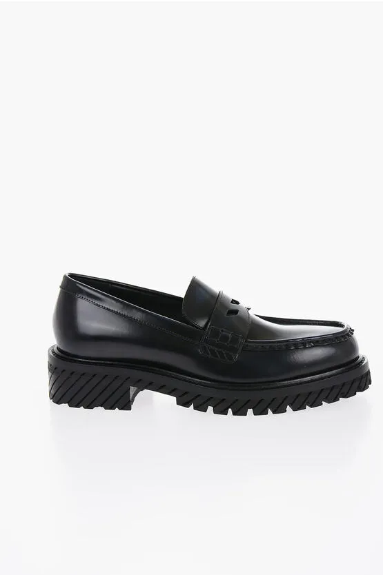 Luxury Off-White Leather Penny Loafers with Rugged Carrion Sole
