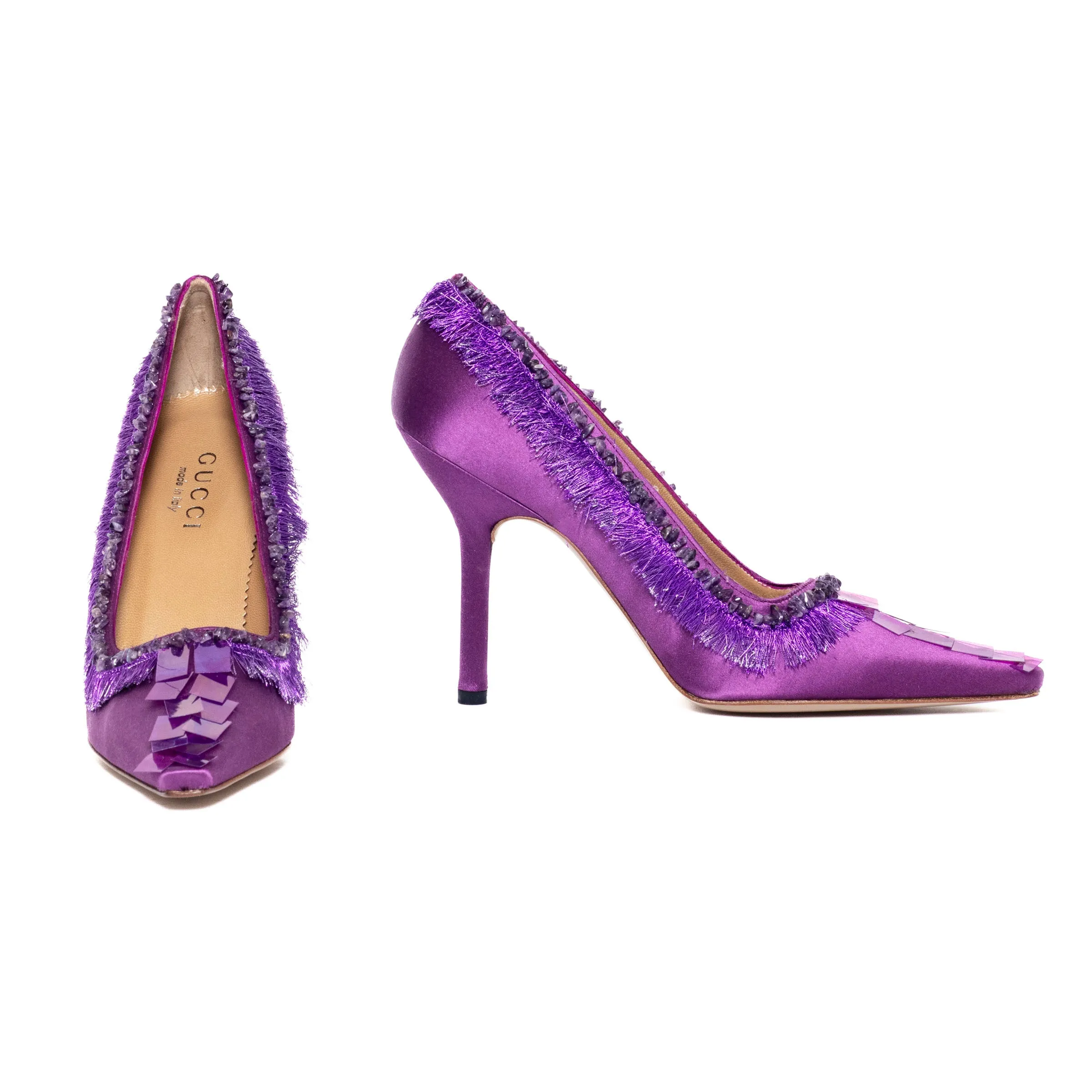 Purple Satin Fringe and Sequin Pumps 8