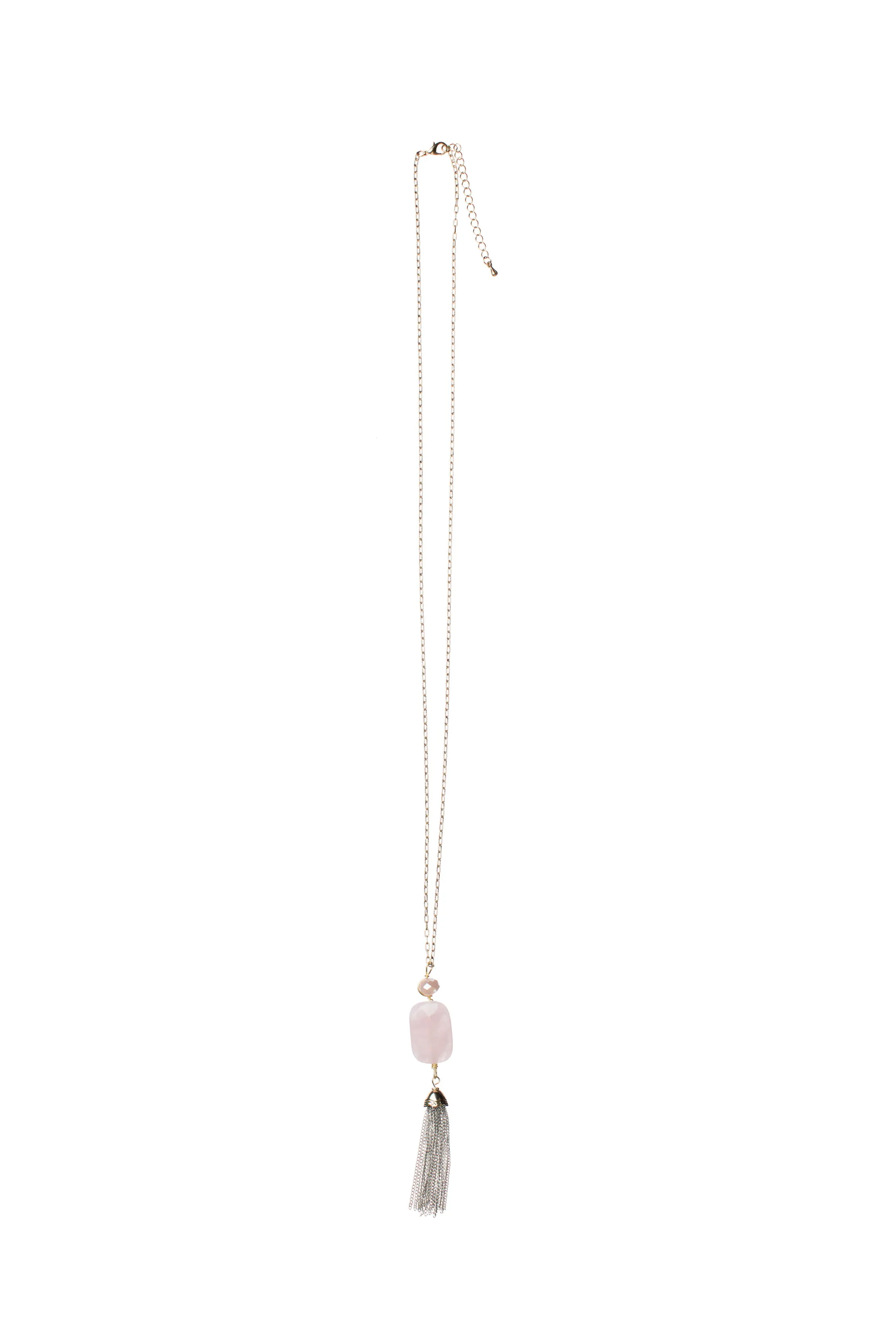 ROSE STONE - Wire Wrapped Stone   Tassel Necklace